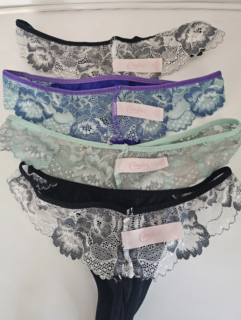 Candie's Lace-Trim Thong Set - Black, Mint, Purple